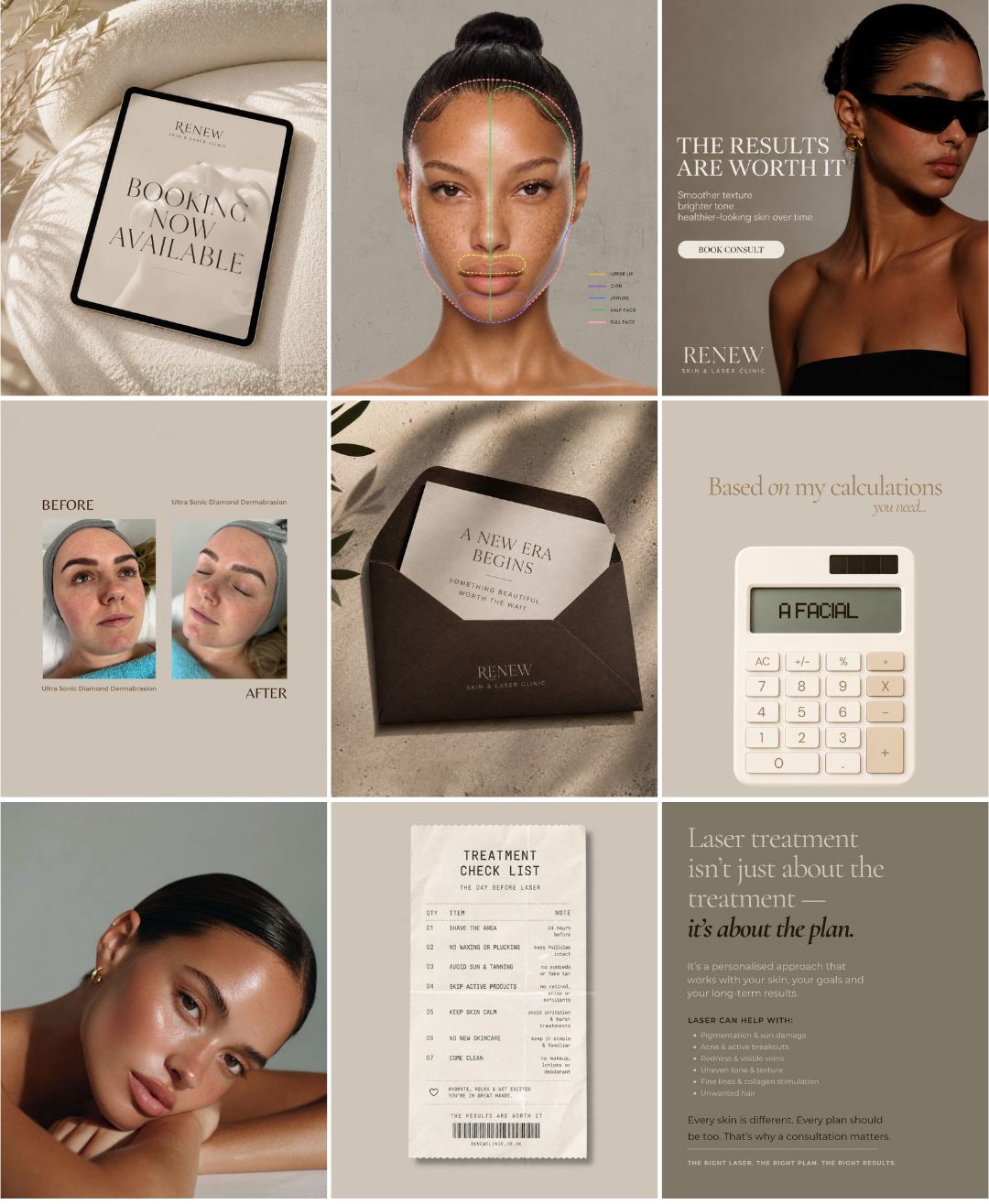 Renew Skin and Laser Clinic Instagram feed in taupe and cream