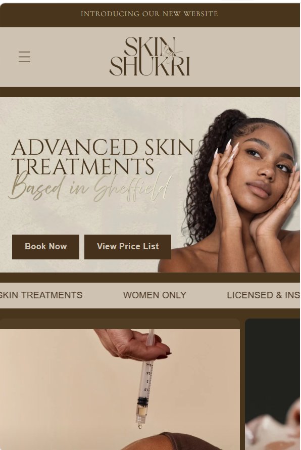 The Skin By Shukri website on a phone, showing Advanced Skin Treatments based in Sheffield with Book Now and View Price List buttons